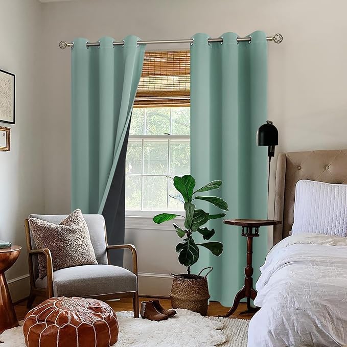 BGment Thermal Insulated 100% Blackout Curtains for Bedroom with Black Liner, Double Layer Full Room Darkening Noise Reducing Grommet Curtain (38 x 84 Inch, Frosty Green, 2 Panels)