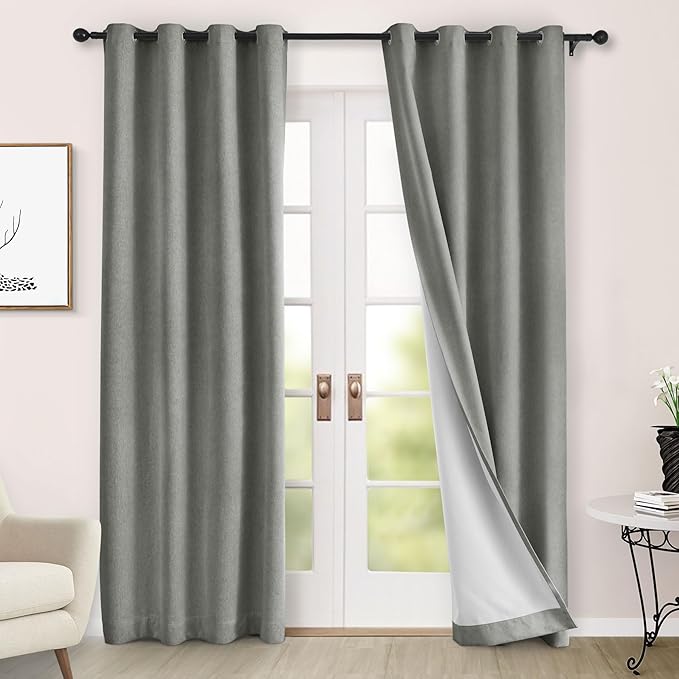 Macochico 100% Blackout Curtains Thermal Insulated Noise Reducing Chenille Curtains for Hotel Auditorium Bedroom Living Room Grommet Rock Grey Curtains with Tieback Classic 52" Wx84 L 1 Panel