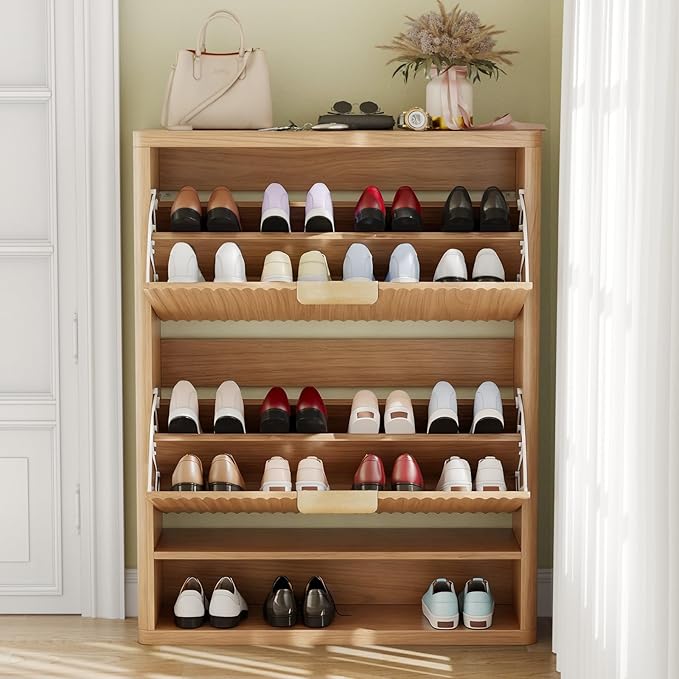 Fluted Shoe Cabinet Storage with 2 Flip Drawers, Narrow Shoe Storage Organizer for Entryway, Hidden Slim Wooden Shoe Rack Cabinet for Front Door Entrance, Hallway, Living Room (2-Drawer, Oak)