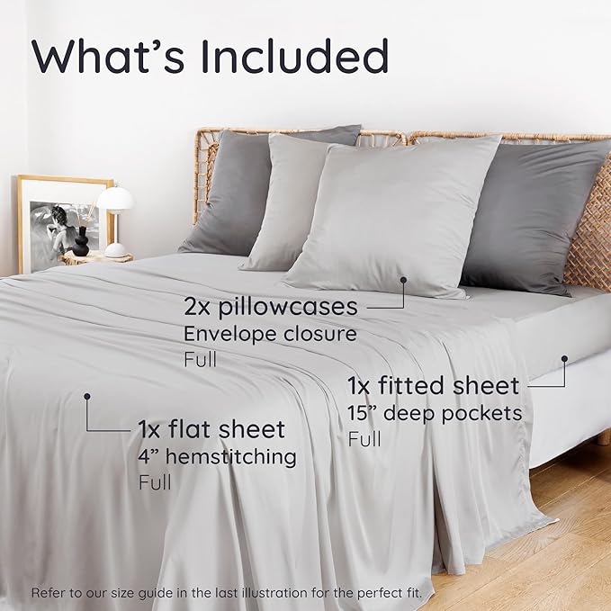 Bambaw 100% Viscose Derived from Bamboo Bed Sheets Full Size Set – 4pcs Breathable & Cooling Sheet Set for Hot Sleepers, Super Soft Full Size Sheets, with Elastic Corner Straps (Moonlight Gray)