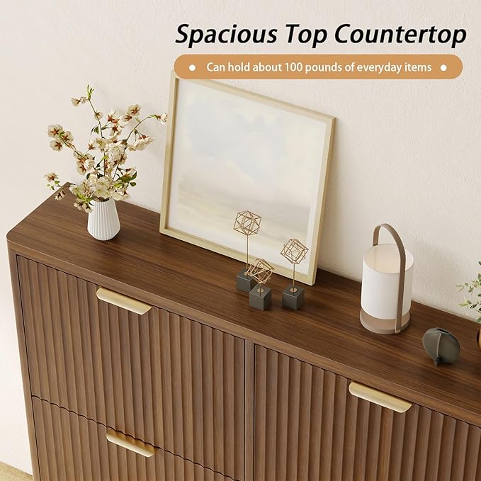 Fluted Shoe Cabinet Storage with 4 Flip Drawers, Narrow Shoe Storage Organizer for Entryway, Hidden Slim Wooden Shoe Rack Cabinet for Front Door Entrance, Hallway, Living Room (4-Drawer, Walnut)