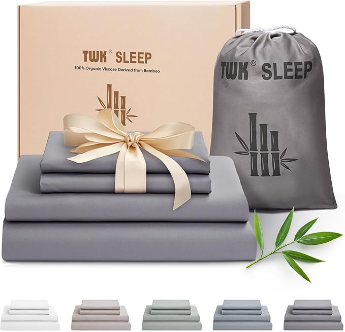 TWK Luxury Sheet Set, Genuine 100% Viscose Derived from Bamboo, Cooling & Breathable, Silky Soft, Bedding Sheets & Pillowcases (Gray, King)