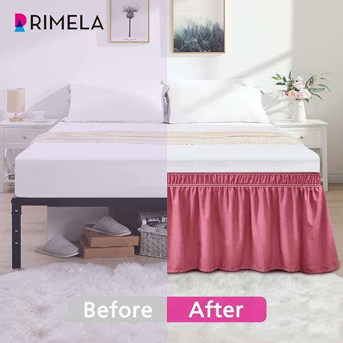 RIMELA Dusty Red Bed Skirt King Size 15 Inch Drop, Wrap Around Elastic Bedskirt, Dust Ruffle for Adjustable Bed Base Machine Washable Easy to Install Bed Skirts