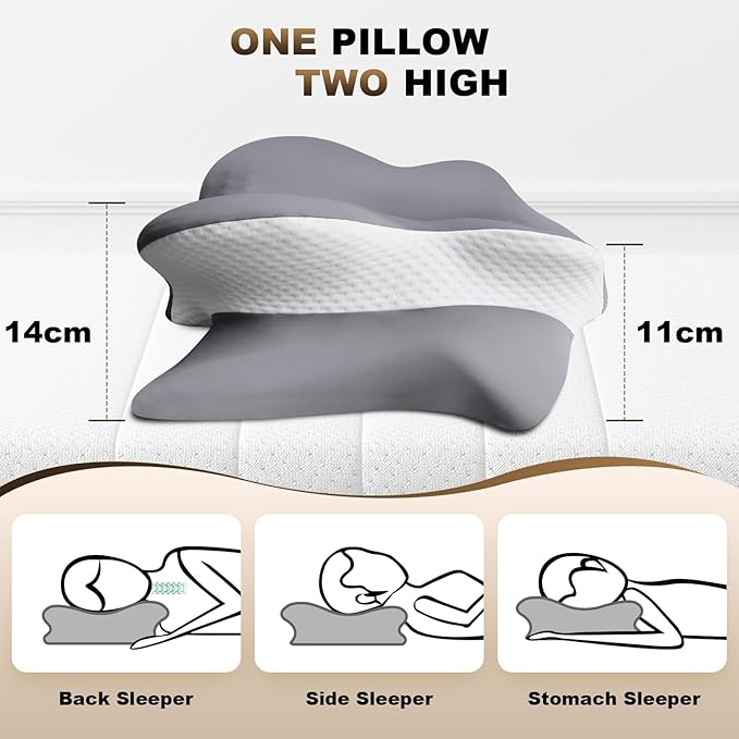 Cervical Neck Pillow for Sleeping - Ergonomically Designed Memory Foam Pillows for Neck Pain Relief, Side Sleeper Pillow for Neck Pain with Washable Cooling Cover for Side and Back Sleepers（Gray）