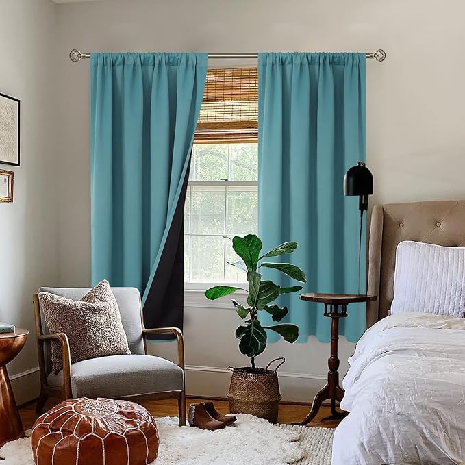 BGment 100% Blackout Curtains 63 Inches Long 2 Panels for Bedroom with Thermal Insulated Black Liner, Double Layer Room Darkening Curtains with Rod Pocket, Sea Teal, 42 x 63 Inch