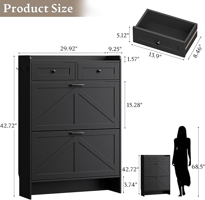 Shoe Storage Cabinet for Entryway, Farmhouse Narrow Shoe Cabinet with 2 Flip Drawers & Top Drawers, Adjustable Shelves & Hooks, Freestanding Hidden Rack Organizer for Hallway, Foyer