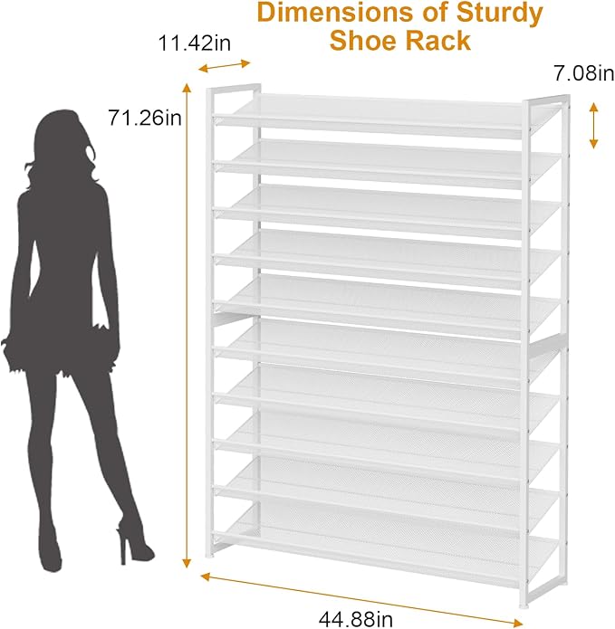 Large Shoe Rack 10 Tier Shoe Organizer, Heavy Duty Metal 5-Tier Stackable Shoe Storage Vertical Shoe Rack for Closet Front Door Entrance, Up to 62 Pairs, 44.8" W x 11.4" D x 71.2" H, White