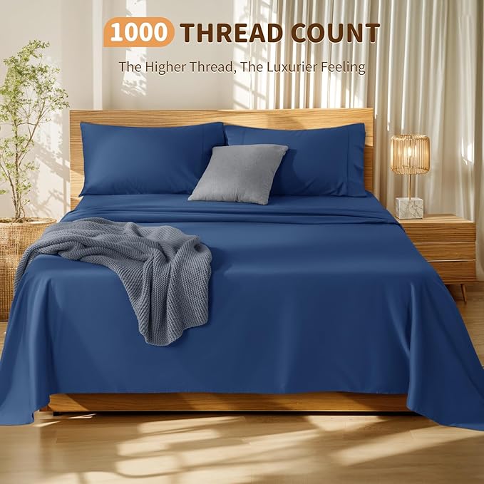 LBRO2M 100% Cotton Sheets Set Deep Pocket 19", 1000 Thread Count King Size 4 Piece Bed Sheet Sets Soft Comfortable Bedding All Season (King, Navy Blue)