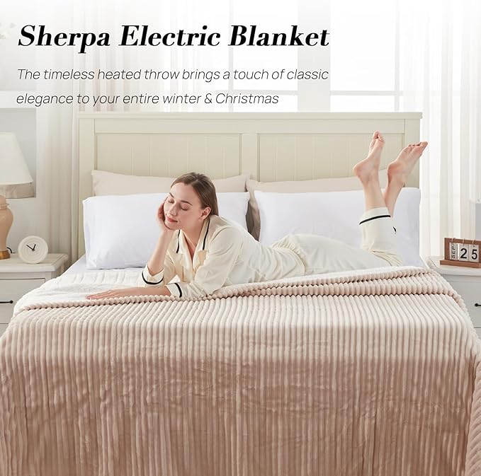 Westinghouse King Size Heated Blanket, Soft Flannel to Sherpa Reversible Electric Blanket King Size with 10 Heating Levels & 1-12 Hours Auto Shut Off, Machine Washable, (100" x 90", Beige)