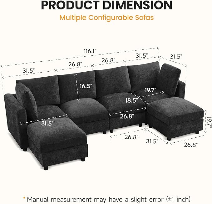 116'' 4-Seater Modular Sectional Cloud Sofa with 2 Ottomans, U-Shaped Couch for Living Room, Modern Deep Seat Sofa with Soft Back Cushions, Chenille Dark Grey