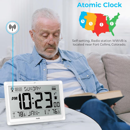 Wall Clock Atomic with Indoor Outdoor Temperature Battery Powered, Easy Reading with 10.5 Inch Large LCD Display, 330FT Range Table Wall Clock with DST, 12/24 Hour for Living Room Kitchen (White)