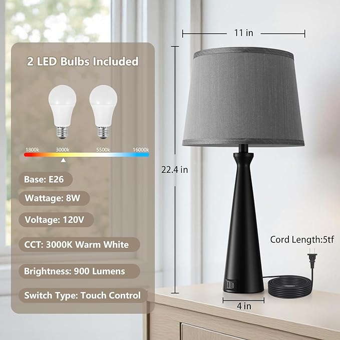 Seealle Modern Table Lamps Set of 2 - Touch Bedside Lamp for Nightstand with Dual USB C+A,3-Way Dimmable Black Nightstand Lamps for Living Room Bedroom End Table with Grey Shade(Bulb Included)