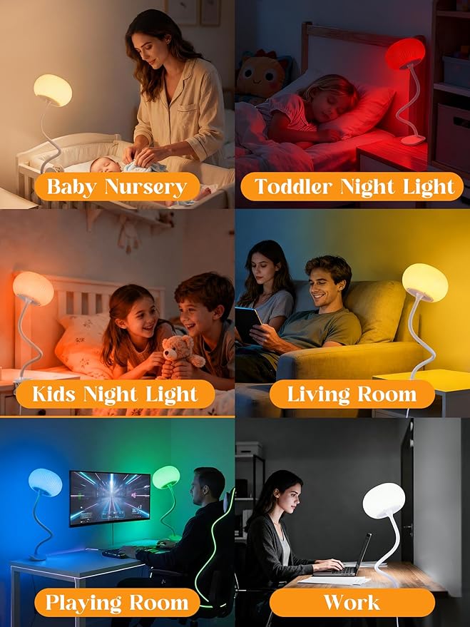 Clip on Light,10 Colors RGB & Warm White Cute Desk Lamp with Clamp, 10 Brightness Dimmable Night Light for Kids/Toddler/Baby, USB Adapter Clip on Lamp for Bedroom/Bed/Headboard/Bedside/Nursery