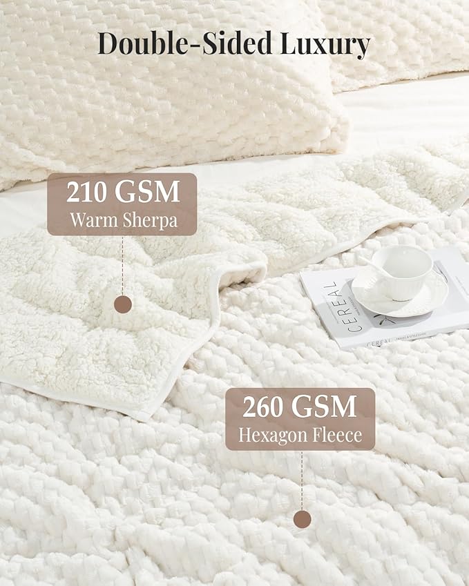 Topblan Weighted Blanket for Adults (48" x 72" 12lbs, Cream White), Soft Sherpa Full Size Heavy Blanket, 3D Jacquard Flannel Fleece Weighted Blankets for Couch and Bed