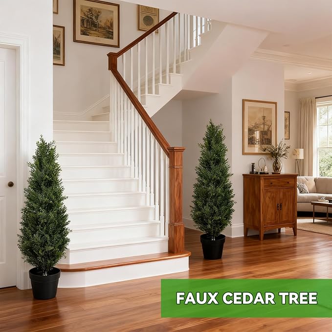 Artificial Topiary Cedar Trees 3FT Tall, Outdoor Indoor Faux Pine Shrubs Plants, Realistic Fake Plants Front Porch Decor, for Front Porch Decor Patio Offices Living Room, Set of 2