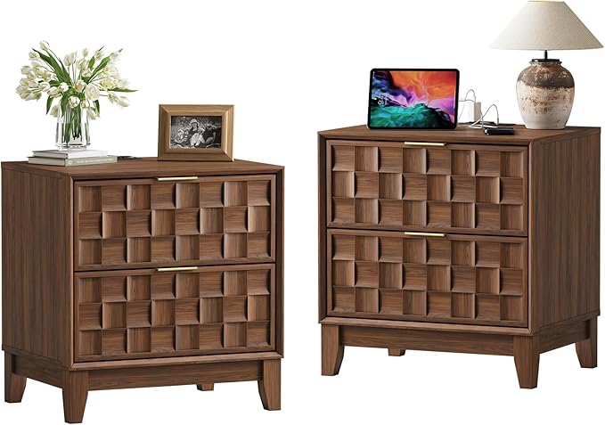 COLAMY Night Stand Set of 2, Nightstand with Charging Station, 22" Modern Bed Side Table with 2 Storage Drawers and Chessboard Relieffor Bedroom, Dorm and Small Spaces - Walnut