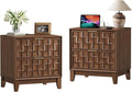 COLAMY Night Stand Set of 2, Nightstand with Charging Station, 22" Modern Bed Side Table with 2 Storage Drawers and Chessboard Relieffor Bedroom, Dorm and Small Spaces - Walnut