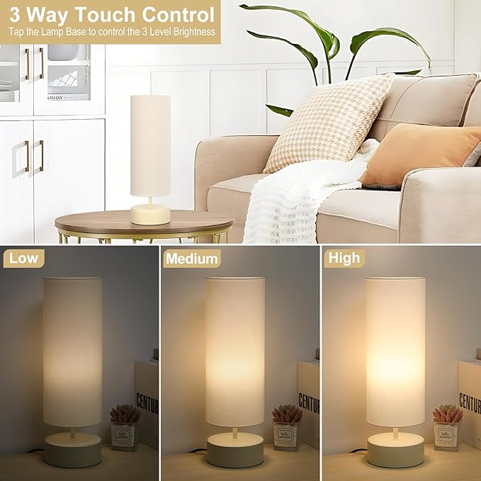 Touch Control Table Lamp, 3 Way Dimmable Bedside Table Lamp with Cream Base, Simple Nightstand Lamp with Beige Shade, Modern Night Light for Bedroom Living Room Home Office, 9W LED Bulb Included