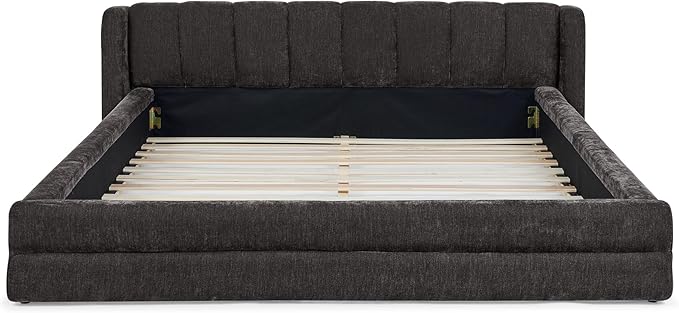 DEINPPA Queen Size Bed Frame with Cloud Soft Headboard, Chenille Upholstered Grounded Wood Base Bed Frame, No Box Spring Needed-Dark Grey