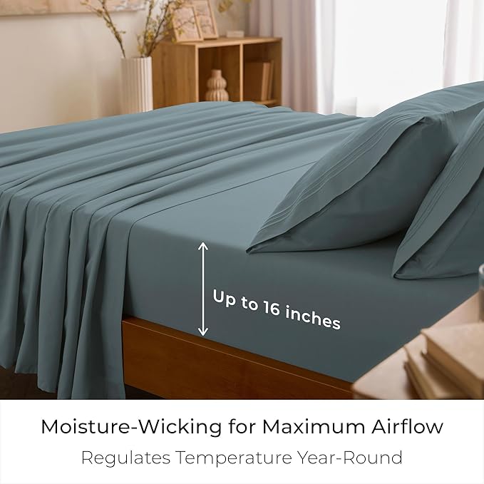 Mellanni Twin Sheet Set - 4-Piece Iconic Collection Bedding, (Including 2 Pillowcases), 16-Inch Deep Pocket, Easy Care, Extra Soft, Cooling Sheets, Brushed Microfiber - Spa Blue