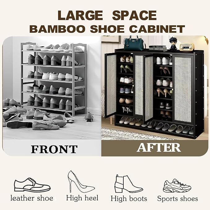 Bamboo Shoe Cabinet, 36-40 Pairs 8 Tier Shoe Rack with Doors, Freestangding Shoe Cabinet Organizer with Shelves, 43" Tall Shoe Rack Organizer for Entryway, Closet, Hallway
