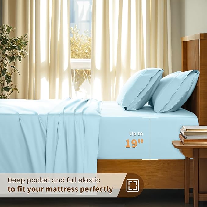 LBRO2M 100% Cotton Sheets Set Deep Pocket 19", 1000 Thread Count King Size 4 Piece Bed Sheet Sets Soft Comfortable Bedding All Season (King, Light Blue)