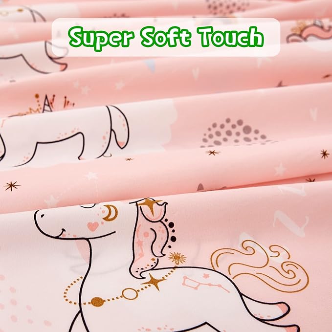 JSD Pink Unicorn Kids Sheet Set Full Size, 4 Piece Girls Rainbow Printed Microfiber Bed Sheets Deep Pocket