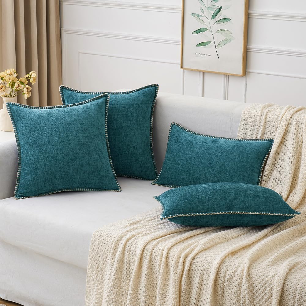 MIULEE Pack of 2 Couch Throw Pillow Covers 20x20 Inch Dark Teal Farmhouse Decorative Pillow Covers with Stitched Edge Soft Chenille Solid Dyed Spring Pillow Covers for Sofa Bed Living Room