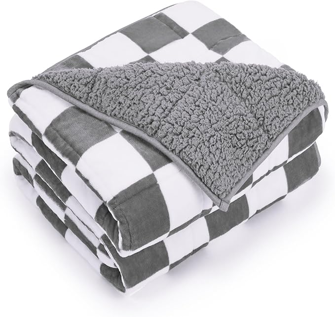 Cottonblue Checkerboard Weighted Blanket for Adults Queen Size 20 lbs 60" x 80", Fluffy Sherpa Flannel Heavy Weighted Throw Blankets for Bed Couch Sofa, Ultra Soft Cozy Bed Blanket, Plaid Grey