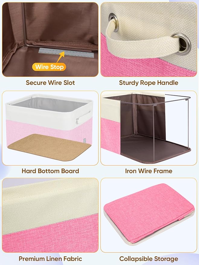 BALEINE 4 Pack Fabric Storage Bins for Shelves, Linen Storage Baskets for Organizing, Decorative Closet Bins for Clothes, Home (Pink, 17''x13''x10.5'')