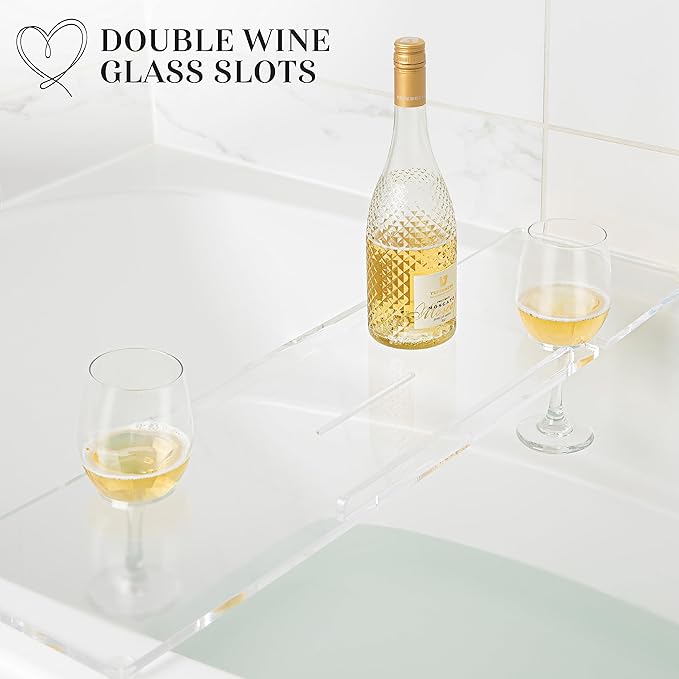 38" Supreme Plus- Luxury Bathtub Tray Caddy- 3/8" Thick, Clear Bath Tub Tray Table for 1 or 2 Bathers, Acrylic Bathtub Caddy, iPad and 2 Wine Glass Holders (Supreme Plus, 38")