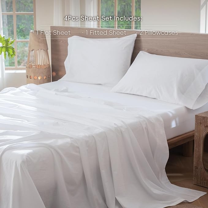 MooMee Bedding Sheet Set 100% Washed Cotton Linen Like Textured Breathable Durable Soft Comfy (Solid Bright White, King)