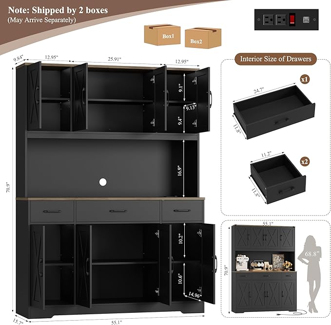 HOSTACK 71" Tall Pantry Cabinet with Charging Station, 55" Wide Kitchen Pantry Storage Cabinet with Countertop, Large Kitchen Hutch with Storage Drawers and Doors for Dining Room, Living Room, Black