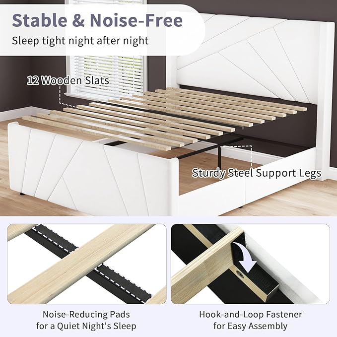 BarnFurin Queen Size Bed Frame, Velvet Upholstered Platform Bed with Geometric Tufted Headboard & Footboard, Wingback Design, Mattress Foundation with Wooden Slats, Cream White