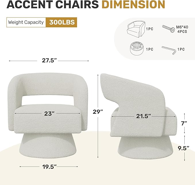 Swivel Accent Chair Set of 2, Modern Comfy Teddy Barrel Chairs, Oversized Upholstered Round Arm Chair for Living Room, Bedroom, Reading Room, White