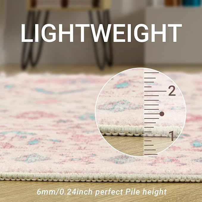 zesthome 10x14 Area Rugs - Large Pink Rugs for Bedroom Girls, Stain Resistant Washable Rugs, Vintage Low Pile Rug, Nursery Room Rug, Pink Room Decor (Pink/Blue,10'x14')