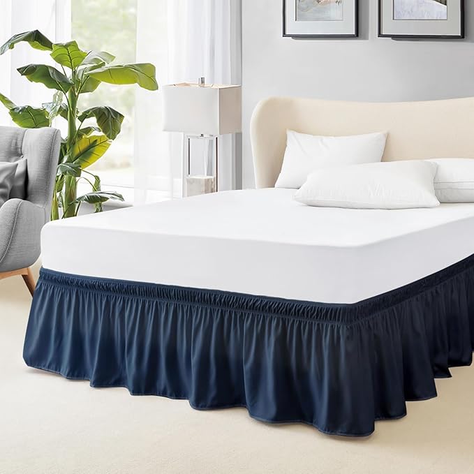 FreshCulture Twin Bed Skirt - Elastic Wrap Around Bed Skirt, Twin Size, Easy Fit with 22 Inch Drop Length, Hotel Quality Dust Ruffle (Navy Blue)