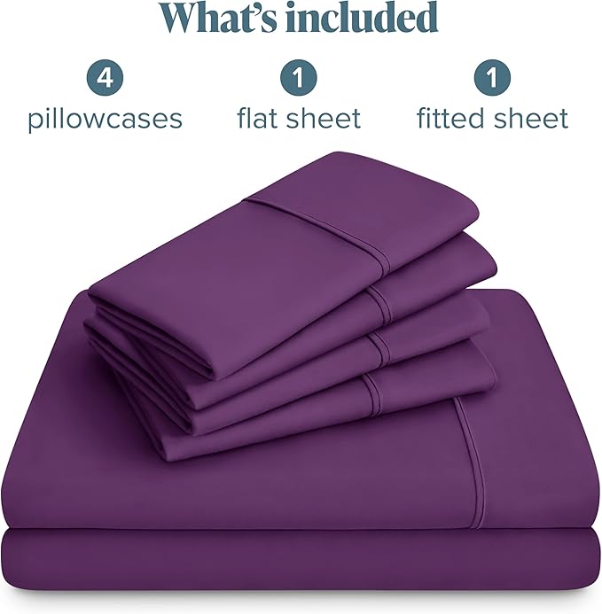 Bare Home Hotel Luxury Full Sheet Set, Extra Soft - 6 Piece Set - Deep Pockets - Easy Fit - Cooling & Breathable - Wrinkle, Fade, Stain Resistant - Includes 4 Pillowcases (Full, Plum)
