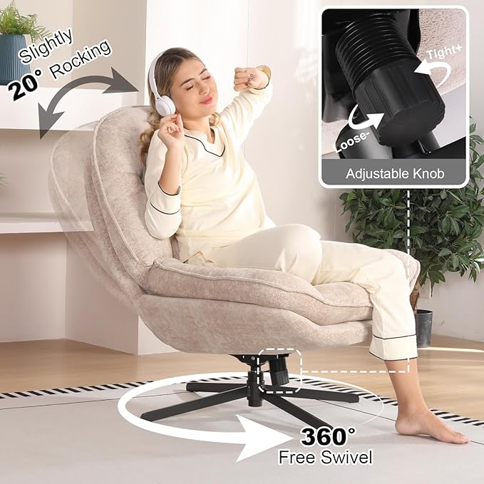 360°Free Swivel Accent Chair Set of 2 for Living Room, Slightly 20°Rocking, 24" High Backrest Upholstered Armchair, Ergonomic Design, Chenille Breathable Soft Fabric Modern Single Sofa, Beige