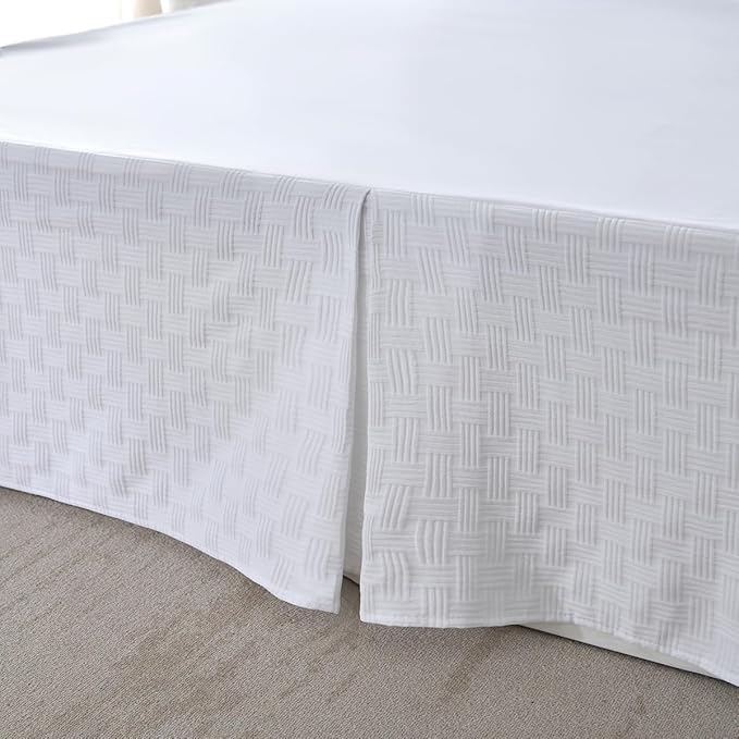 Queen Size Bed Skirt, Pleated Knitted Jacquard Waffle Weave Striped Bed Skirt, Tailored Dust Ruffle 18 Inch Drop Easy Fit, Machine Washable (White, Queen - 18" Drop)