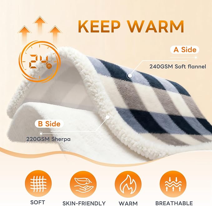 Blanket for Women, Sherpa Throw Blanket for Couch, Flannel Cozy Soft Blanket for Bed - Fleece, Gray-Soft Blue, 50x60 Inches