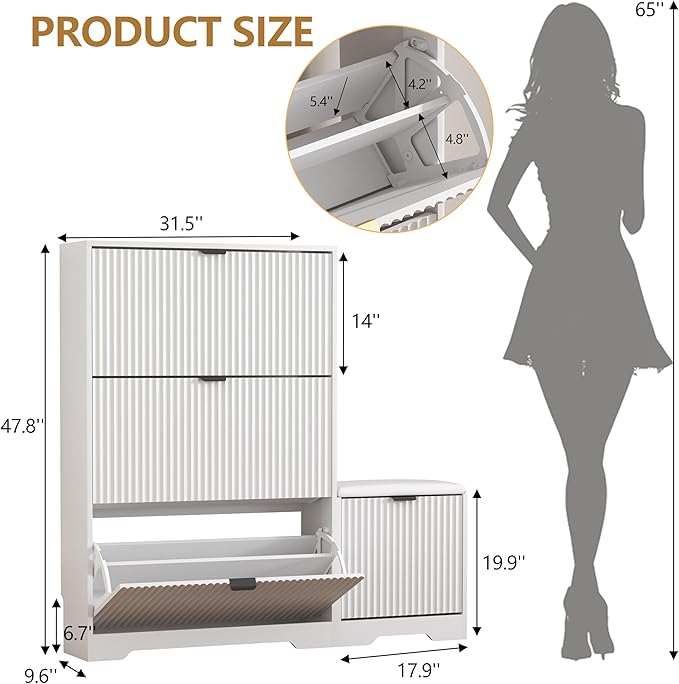 Shoe Cabinet Storage for Entryway with 4 Flip Drawers, White Fluted Shoe Cabinet with Bench, Wooden Hidden Shoe Rack Freestanding Narrow Slim Shoes Storage Organizer for Hallway, Entrance