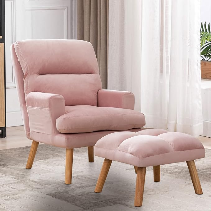 INZOY Accent Chairs with Ottoman, Modern Comfy Chair with Adjustable Backrest and Side Pockets, Velvet Fabric Armchair with Ottoman for Bedroom Living Room (Pink)