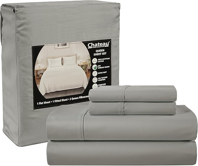 100% Egyptian Cotton King Size Sheets Deep Pocket Set With 15" Deep Pocket Fitted Sheet & Pillowcase Sets, 400 Tc Luxury Sateen Weave 4 Piece, Soft Breathable Naturally Cool Machine Washable- Silver