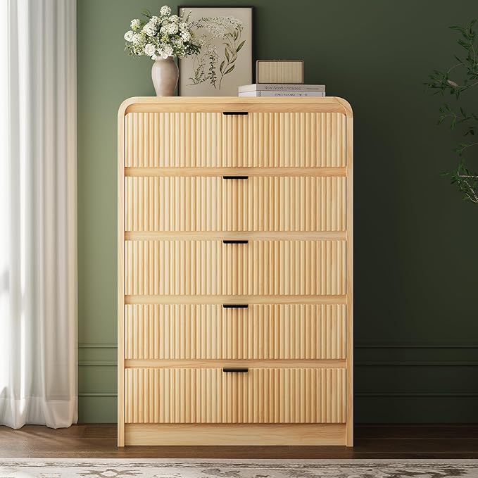 FURSUN Fluted 5 Drawers Dresser for Bedroom, 48" Tall Wooden Modern Dresser with Metal Handle, Curved Profile Design, Storage Organizer for Bedroom, Living Room, Hallway, Natural Oak