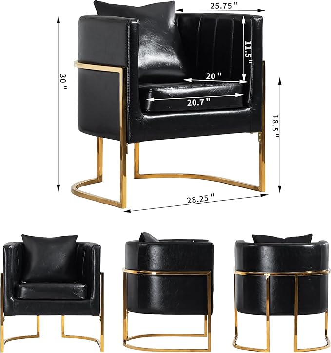 Modern Leather Accent Chairs Set of 2, Mid Century Upholstered Barrel Armchair with Pillow for Living Room, Comfy Single Vanity Chair with Metal Gold Legs for Bedroom, Black