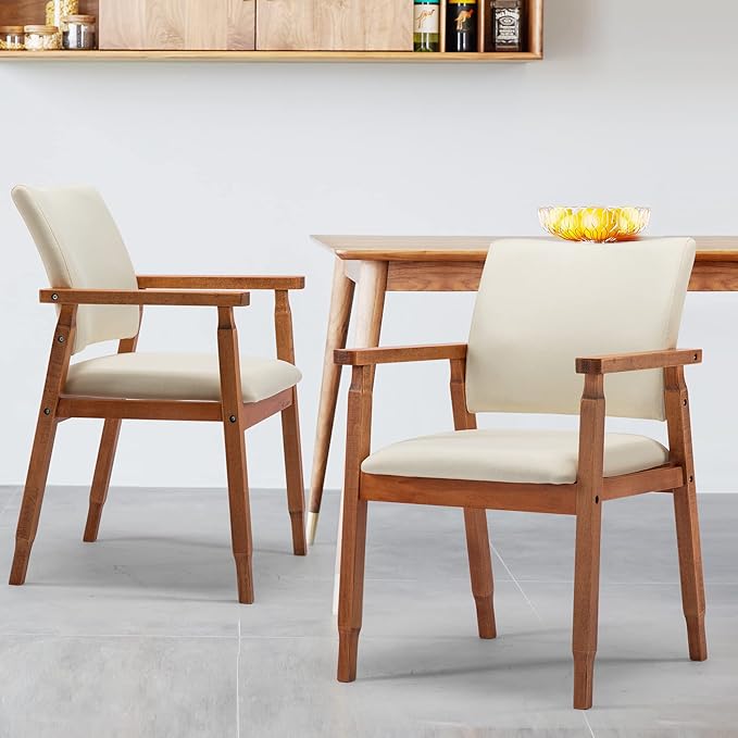 thksbought Set of 2 Mid Century Modern Walnut Dining Chairs Wood Arm Beige Fabric Kitchen Cafe Living Room Decor Furniture