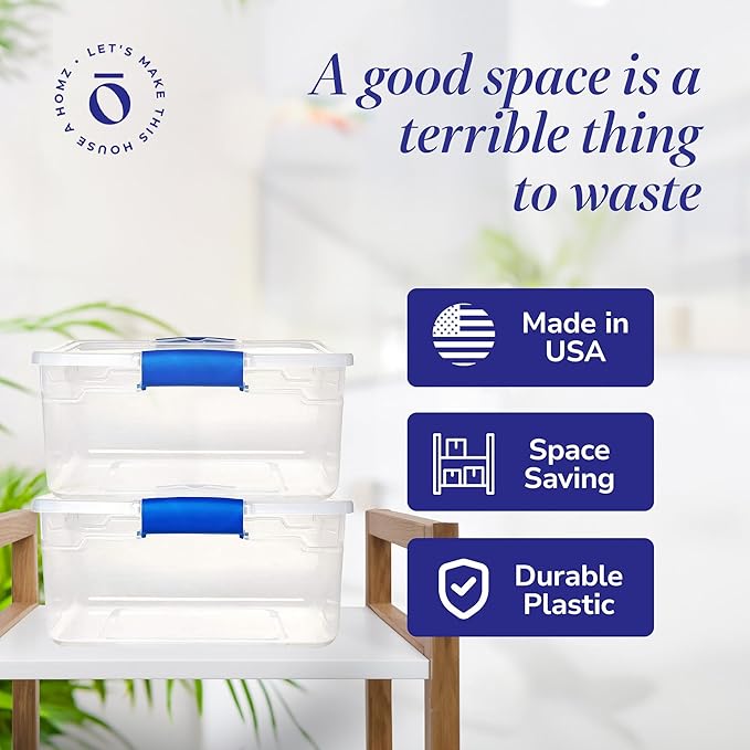HOMZ 4-Pack 15.5 Quart Latching Lid, Clear Plastic Storage Organizer Bins, Blue – Stackable Containers for Home & Office Shelves, Kitchen, Garage, and Bathroom Organization