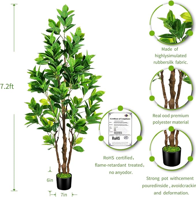 7.2ft Artificial Rubber Tree (85in) with Plastic Nursery Pot Fake Tree, Faux Ficus Plant for Office House Farmhouse Living Room Home Decor (Indoor/Outdoor)