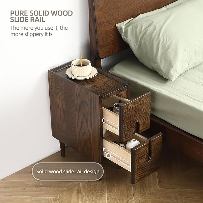 Solid Wood Bedside Table Nightstands, Slim Narrow Oak Real Wooden Mid-Century Modern End Table with Drawers Luxury Side Table Durable Cabinet Organizer Furniture, Walnut Color 9.84in Wide
